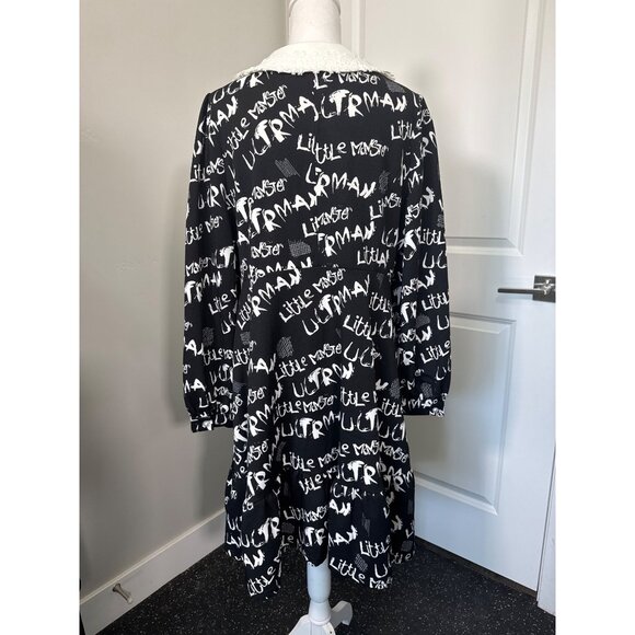 Mellowrani Little Monster Long Sleeve Dress Black & White Cotton Blend Letters - Picture 10 of 12